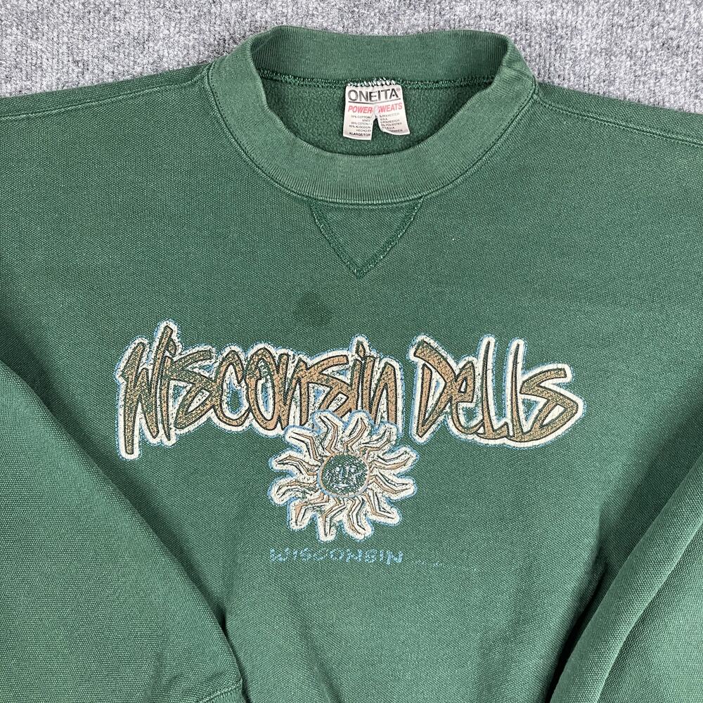 Oneita Sweatshirt Mens Size XL Green Wisconsin Dells USA Crewneck Pullover 90s